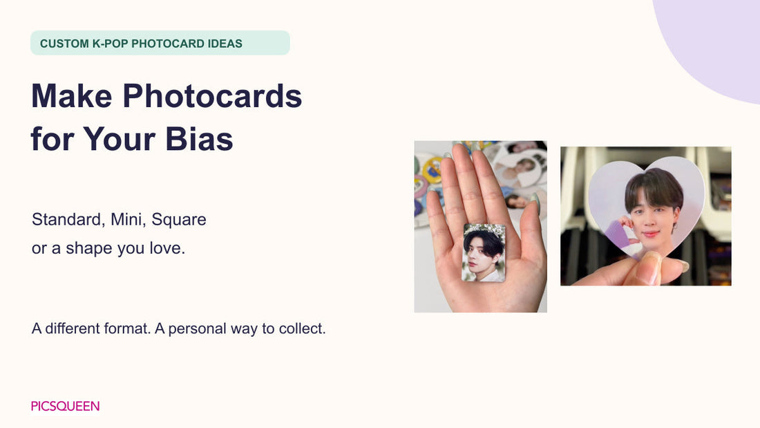 A Mini idol photocard resting in a palm beside a heart-shaped idol portrait, introducing custom K-pop photocard formats.