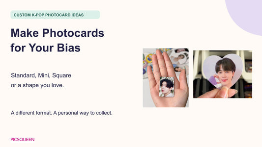 A Mini idol photocard resting in a palm beside a heart-shaped idol portrait, introducing custom K-pop photocard formats.
