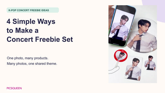 A K-pop concert freebie set guide showing one portrait used on a photocard, sticker, mini fan and plush item.