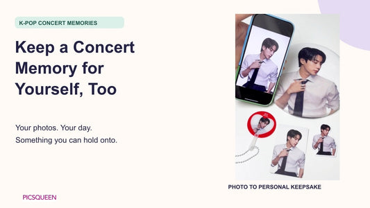 Concert keepsakes cover with an Display scene of supplied photo-card designs displayed above a home desk.