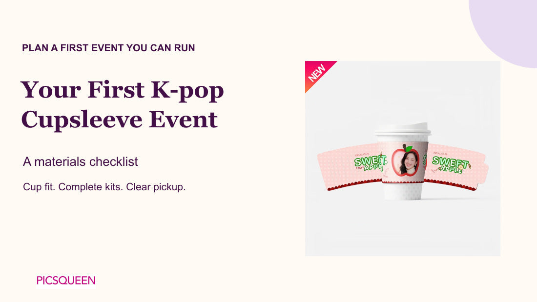 A pink printed cupsleeve on a cup beside a first-event materials checklist.