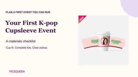 A pink printed cupsleeve on a cup beside a first-event materials checklist.