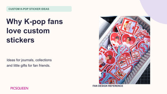 A basket of heart-shaped and scalloped portrait sticker references beside a guide to custom K-pop stickers for journals, collections and fan gifts.
