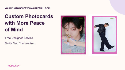 Free designer checks for custom photocards, with a photo rotation comparison and an editor safe-area preview.