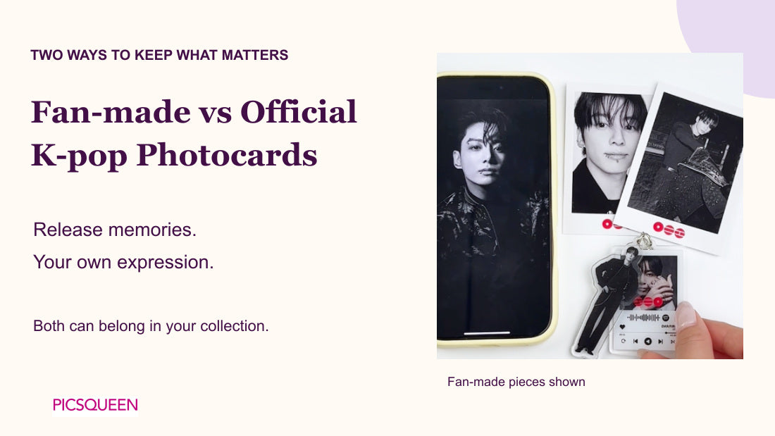 Fan-made K-pop photo cards beside the theme of official memories and personal expression.