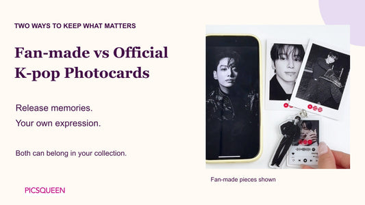 Fan-made K-pop photo cards beside the theme of official memories and personal expression.