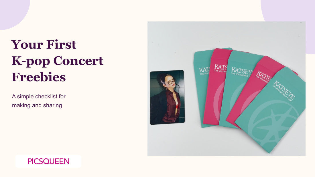 KATSEYE photocard beside pink and teal custom card envelopes