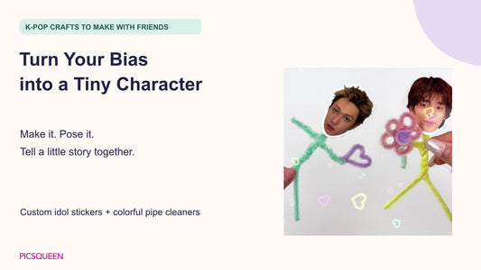 Two tiny characters made with idol head stickers and colorful pipe cleaners, with a heart and flower, introducing a K-pop craft to enjoy with fan friends.