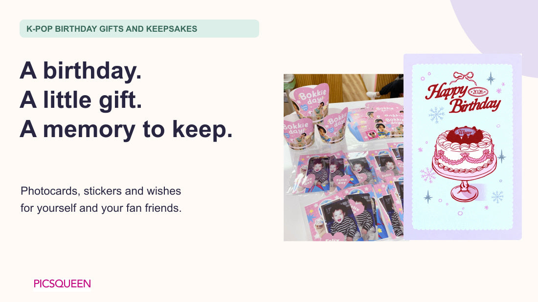 Birthday photo gift-set references and a pink cake illustration beside ideas for custom K-pop photocards, stickers and wishes.