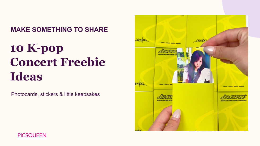 A photocard placed in a yellow envelope beside the title 10 K-pop Concert Freebie Ideas.