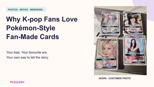 A Picsqueen customer photo of four aespa Pokémon-style fan-made card stacks beside the article title.
