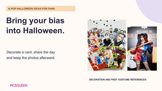 Halloween-decorated photo sleeves and a past character costume portrait beside K-pop Halloween ideas for celebrating with a bias and keeping photos afterward.