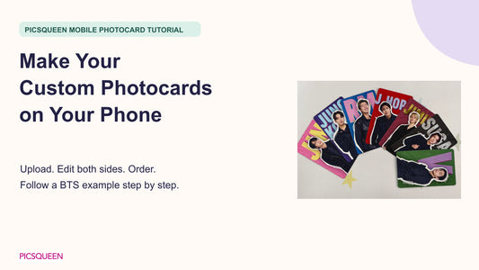Finished BTS photocards illustrating a Picsqueen mobile customization tutorial.