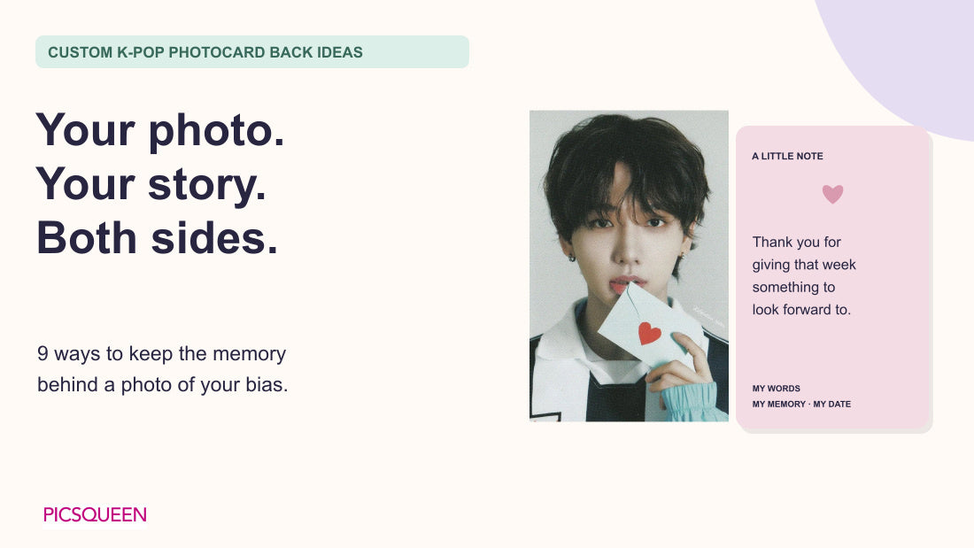 A portrait of a young man holding an envelope with a red heart beside a pink message-back layout, introducing nine custom photocard back ideas.