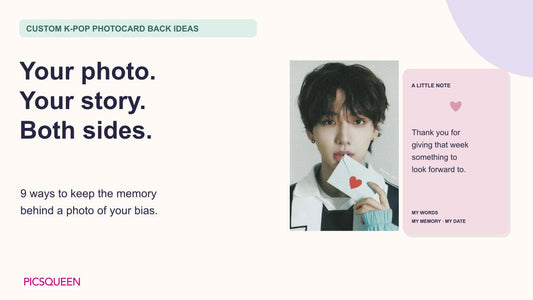 A portrait of a young man holding an envelope with a red heart beside a pink message-back layout, introducing nine custom photocard back ideas.