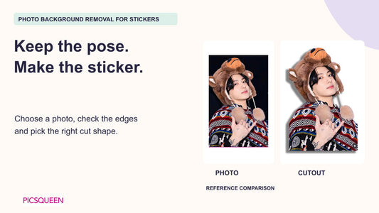 A reference photo of a person in an animal hat beside its background-removed display, introducing photo preparation for shaped stickers.