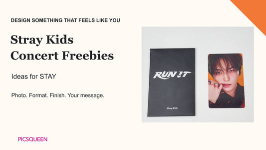 Stray Kids member card and RUN IT-style envelope beside concert freebie ideas for STAY.