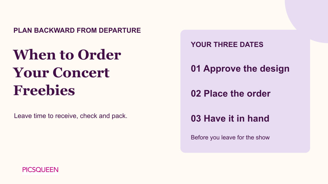 When to Order Your Concert Freebies beside three dates to plan: design approval, ordering and having the items in hand.