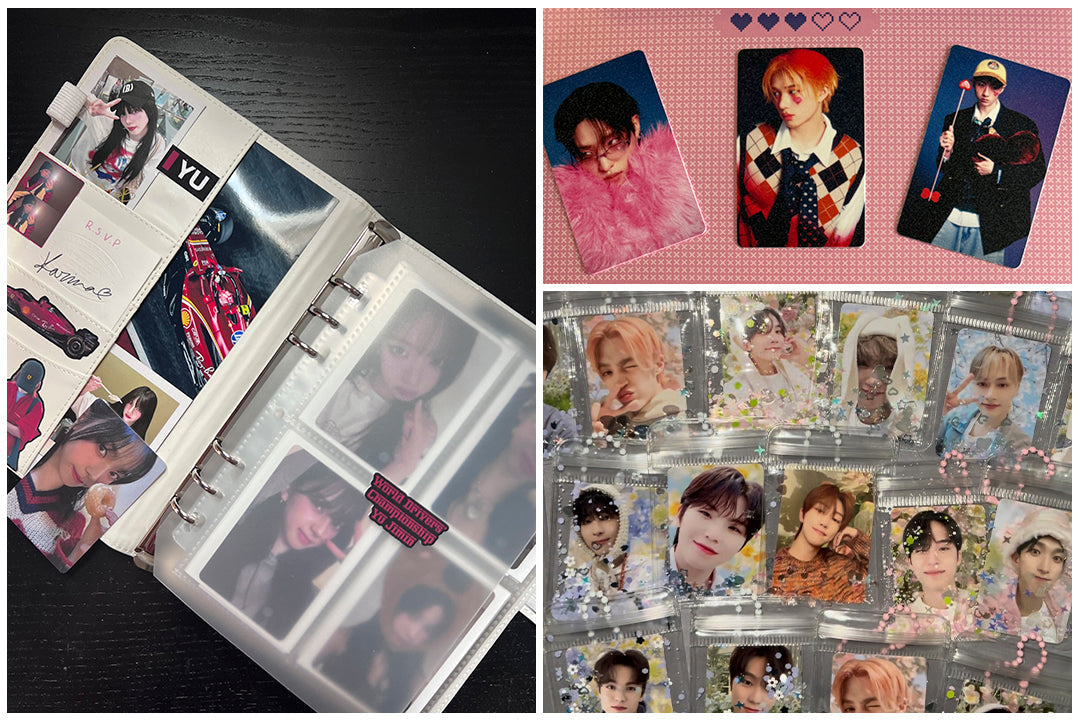 K-pop fans holding custom photocards at a concert, showcasing collectible fanmade moments.