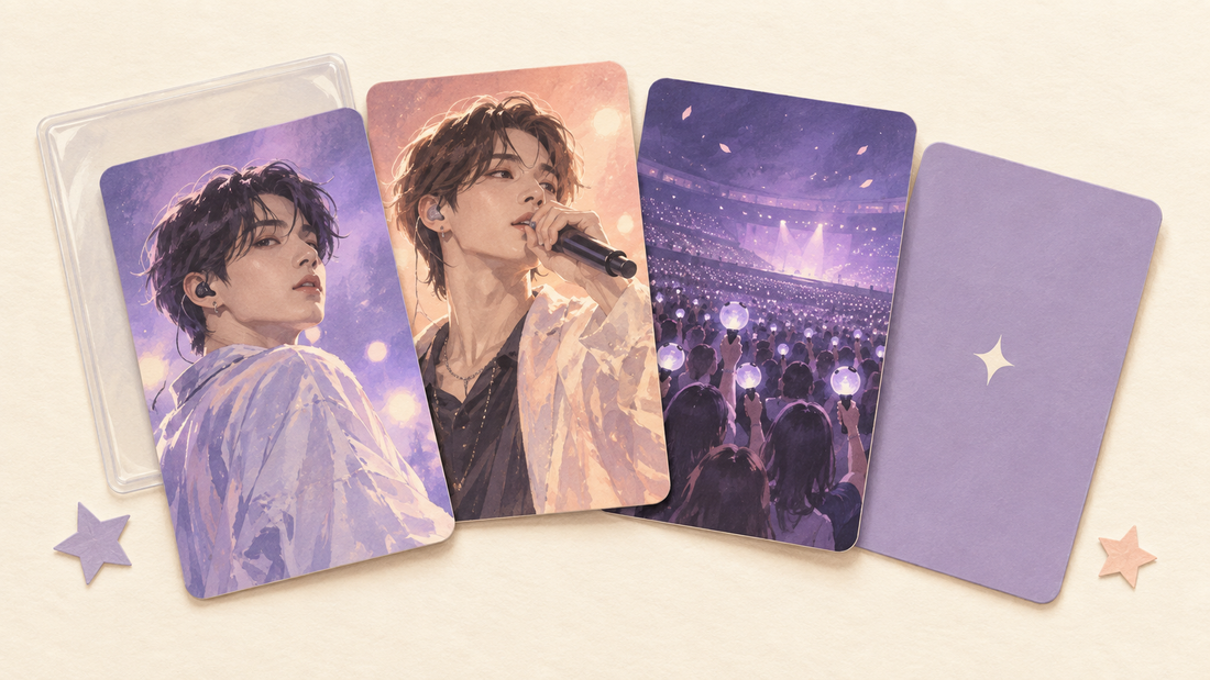 Illustrated K-pop photocards with concert designs and a lavender card back.