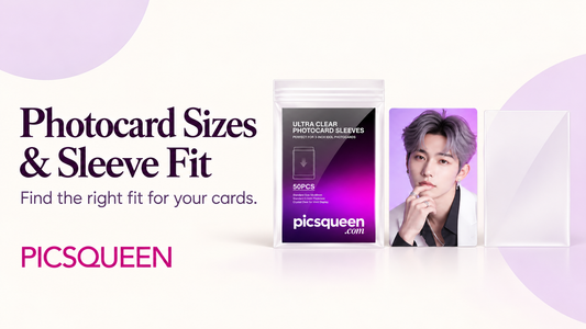 Photocard Sizes and Sleeve Fit guide cover featuring a portrait photocard, a clear sleeve, and Picsqueen sleeve packaging on a cream and lavender background.
